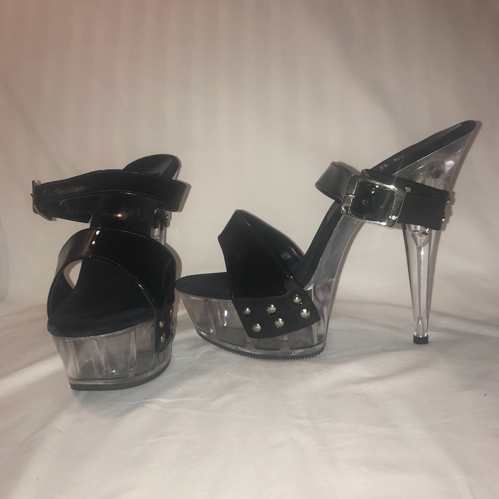 Tabu black patent leather clear bottom 6” platform
